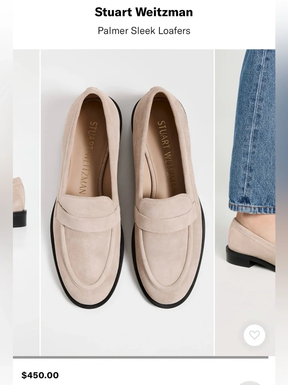 NEW Stuart Weitzman Palmer Sleek Loafers 6.5B Sabbia Beige Suede Leather Spain‎